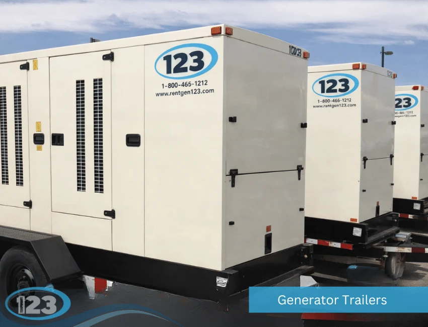 Towable enclosed generators parked in an equipment yard