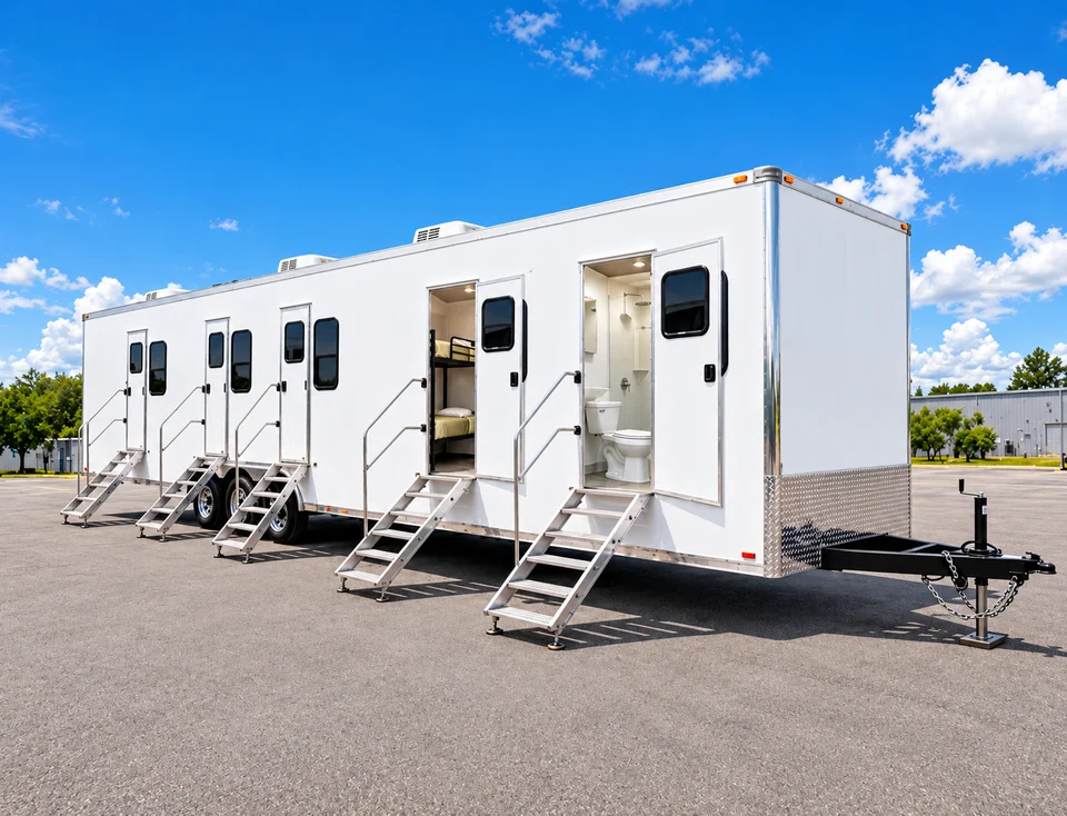 Office, sleeper, shower and restroom trailer exterior with separate steps, visible bunks and an open shower/toilet room