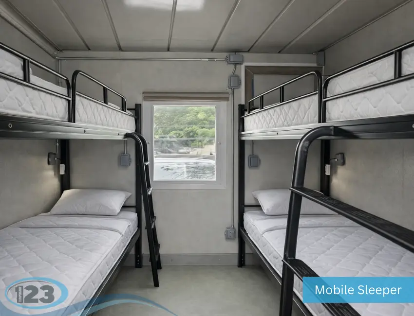 Interior view of a compact mobile sleeper unit with gray walls, featuring four neatly made bunk beds. A small window reveals greenery outside, creating a cozy and functional atmosphere.