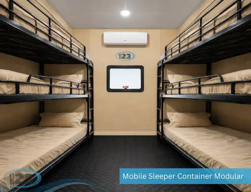 Interior of a mobile sleeper container with four bunk beds, beige bedding, a compact window, and an air conditioner. Modern, efficient design.